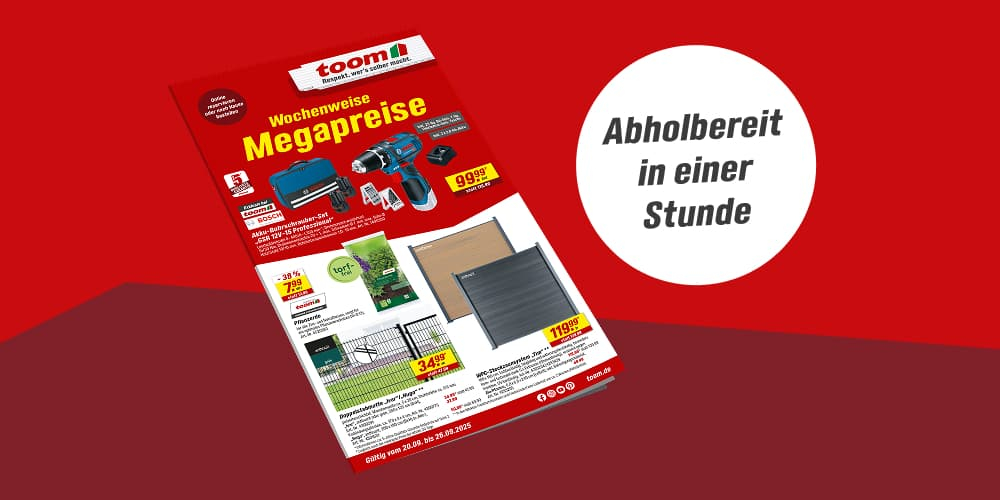 Prospekt eines Baumarktes mit Wochenangeboten und dem Hinweis zur schnellen Abholung.
