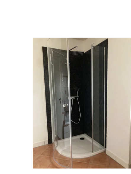 Eine geräumige Duschkabine mit Glaswänden und schwarzer Rückwand.