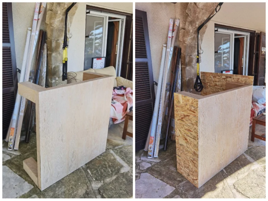 Zwei Bilder zeigen den Baufortschritt eines Gartenhauses