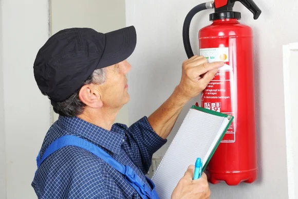 Person prüft Feuerlöscher