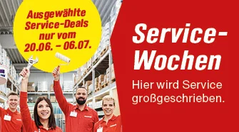 Jubelnde Personen mit Schraubenschlüssel und Farbroller werben für die Service-Wochen.