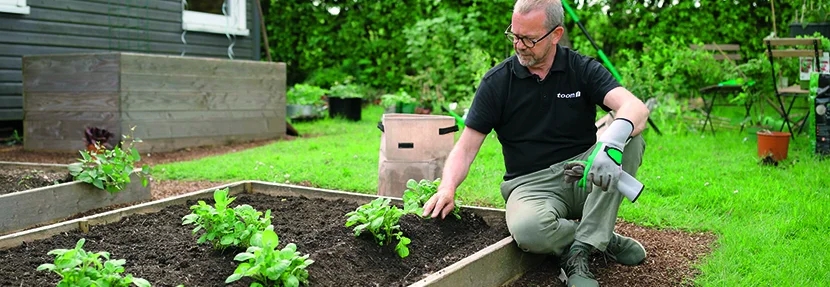 Person pflanzt in einem Hochbeet.