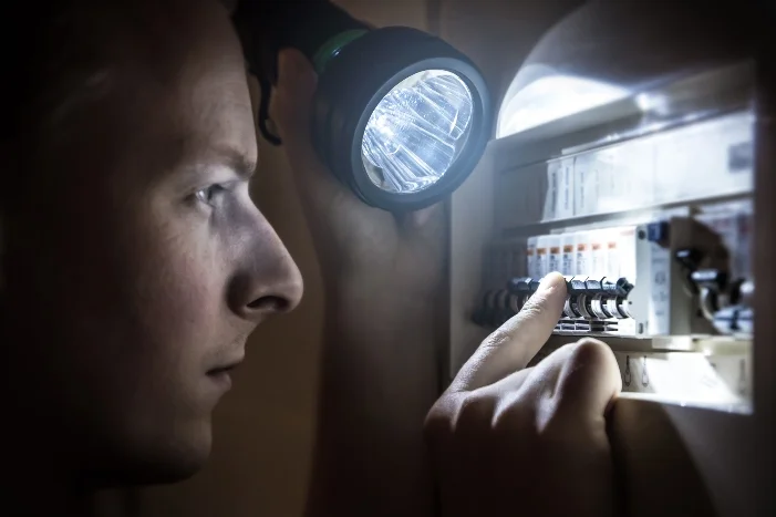 Person mit Taschenlampe am Sicherungskasten