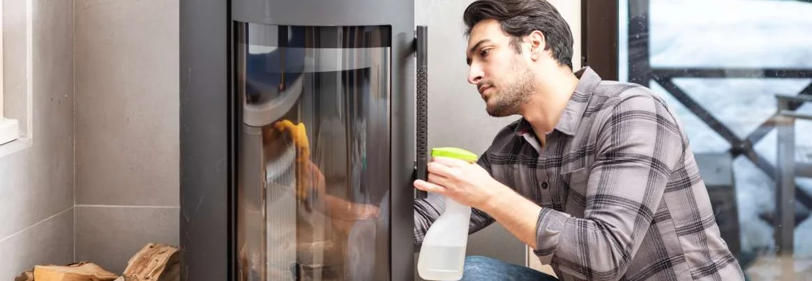 Person reinigt mit Sprühflasche und Tuch die Scheibe eines Kaminofens.