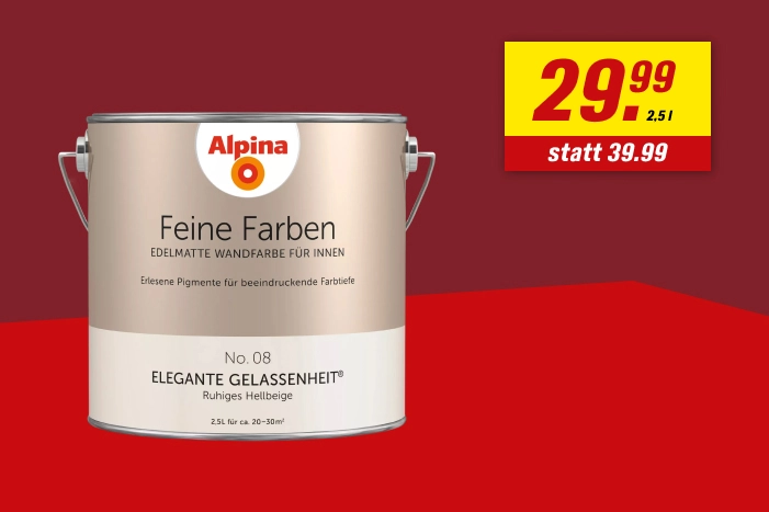 Eine Dose hellbeiger Wandfarbe vor rotem Hintergrund mit einem Preisangebot.