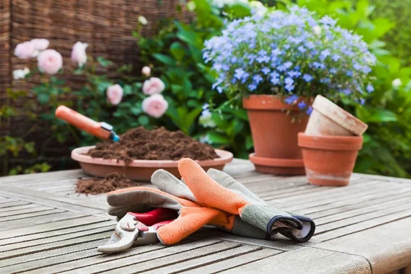 Gartentisch mit Handschuhen und Gartenschere