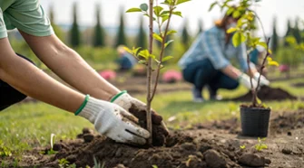 Hände in Gartenhandschuhen pflanzen einen jungen Baum in die Erde.