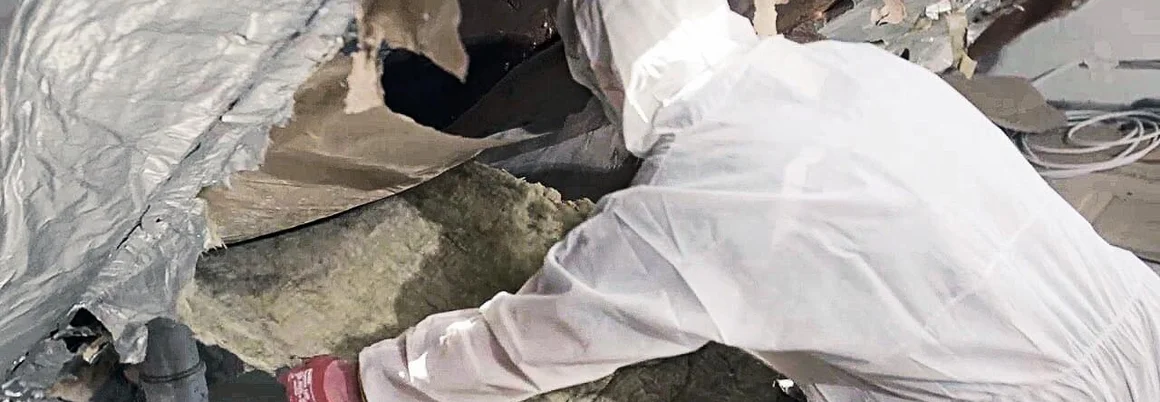 Person in Schutzkleidung beim Dämmen eines Dachs