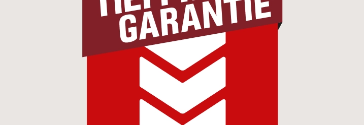 Rotes Logo der Tiefpreisgarantie mit drei weißen Pfeilen nach unten.