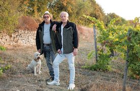 Zwei Männer und ein Hund stehen auf einem Weinfeld