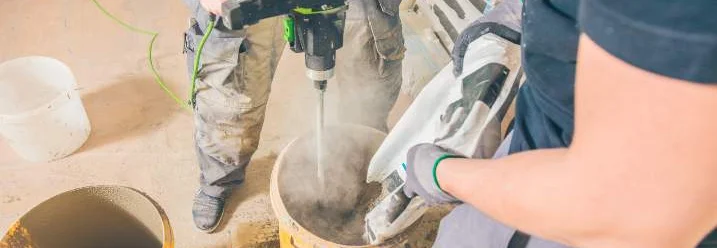 Zwei Personen mischen Beton mit einem Rührgerät