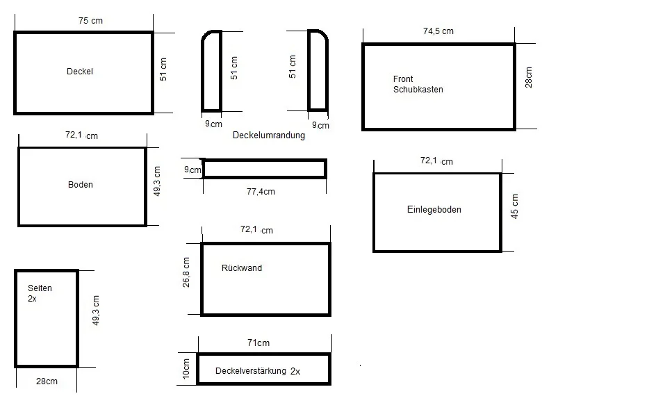 Technische Zeichnung mit Maßen für einen Schuhkarton