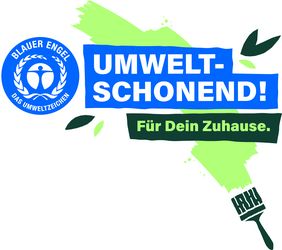 "Umweltschonend! für dein Zuhause."-Slogan mit Logo des Blauen Engel