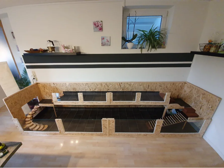 Ein großes, mehrstöckiges Gehege aus Holz und Glas.