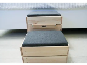 Holzkiste mit Kissen als Hundehilfe