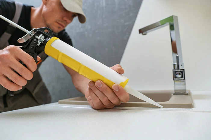 Person versiegelt Spüle mit Silikonpistole