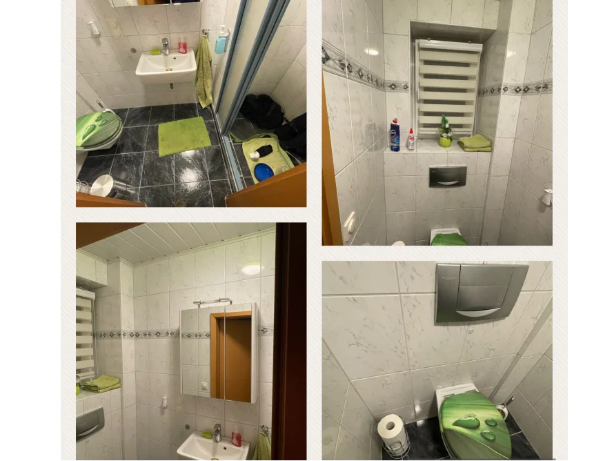 Vier Fotos einer Toilette in einem Badezimmer