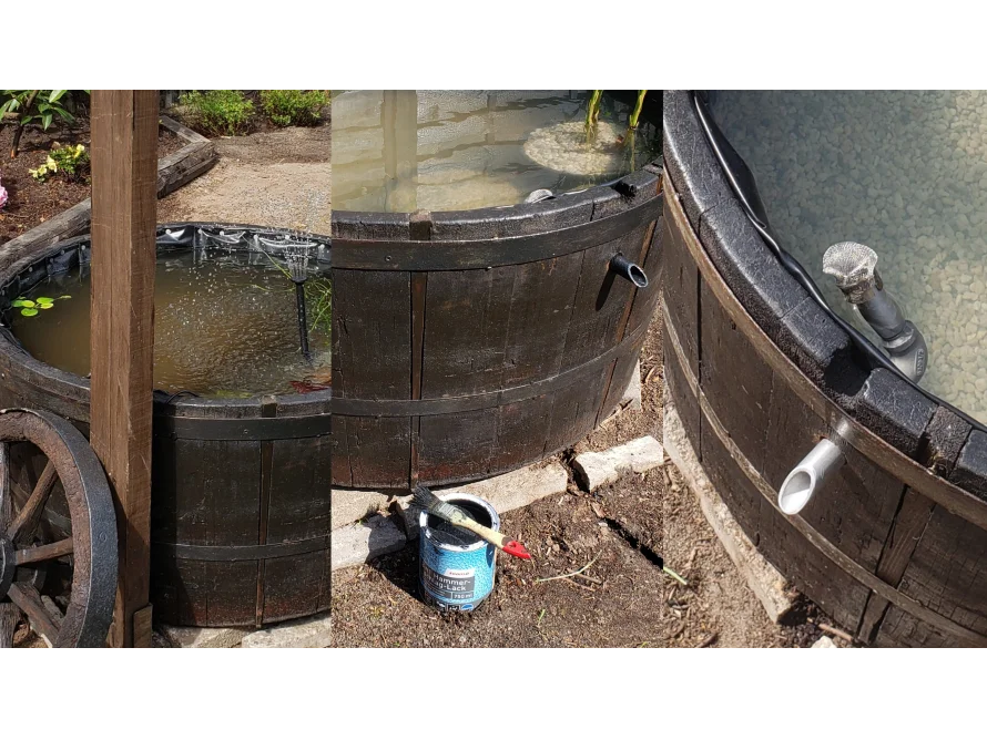 Teichbau mit Holzfass und Pinsel