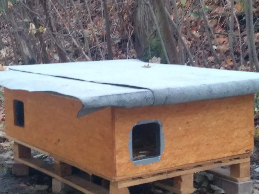 Ein selbstgebautes Katzenhaus aus Holz.
