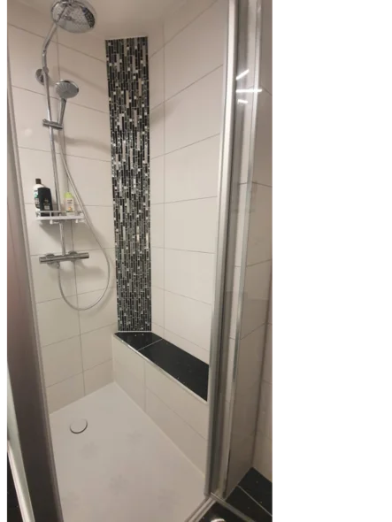 Geflieste Dusche mit schwarzer Mosaikbordüre
