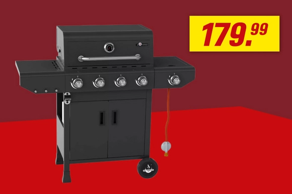 Ein schwarzer Gasgrill mit Unterschrank und Seitenablagen für 179,99 Euro.