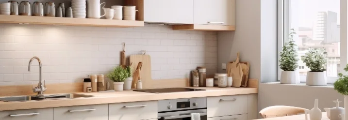 Eine kleine, weiße, moderne Küche