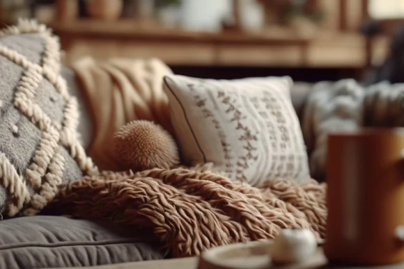 Gemütliche Sofaecke mit Kissen und Decken