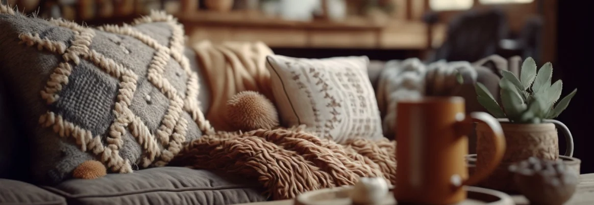 Gemütliche Sofaecke mit Kissen und Decken