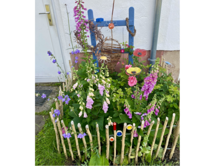 Blumenbeet mit Fingerhut und Glockenblumen