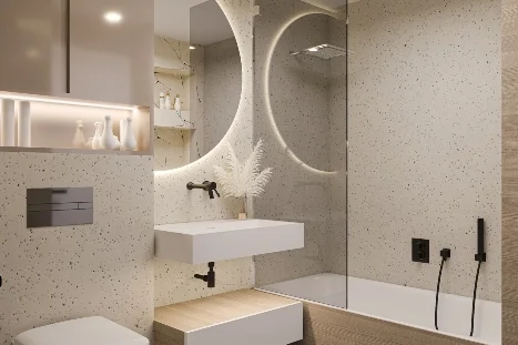 Modernes Badezimmer mit runden Spiegeln