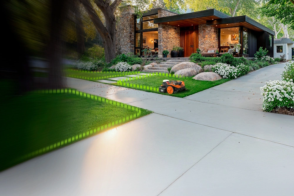 Ein Landroid Mähroboter mäht ein Rasenstück 