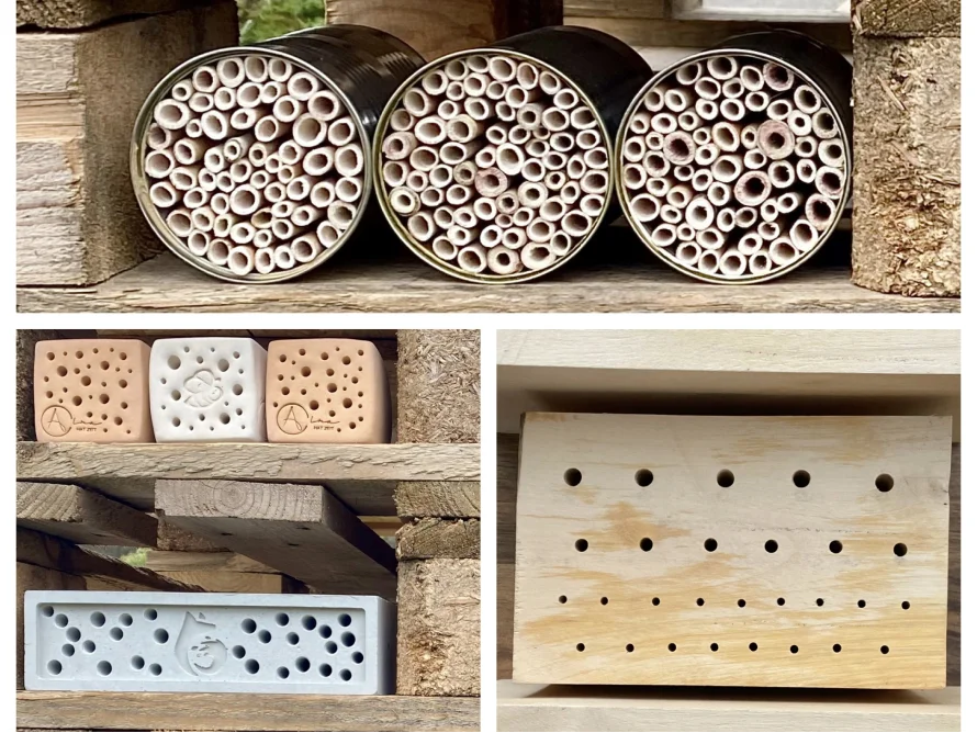 Insektenhotels in unterschiedlichen Formen und Materialien