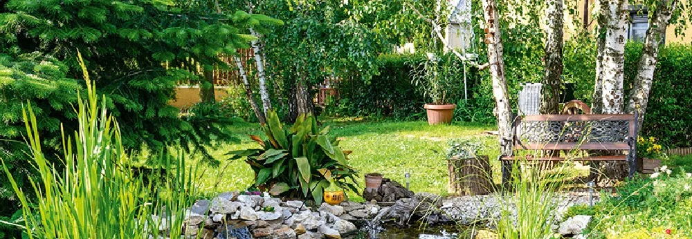 Idyllischer Garten mit Teich und Bank