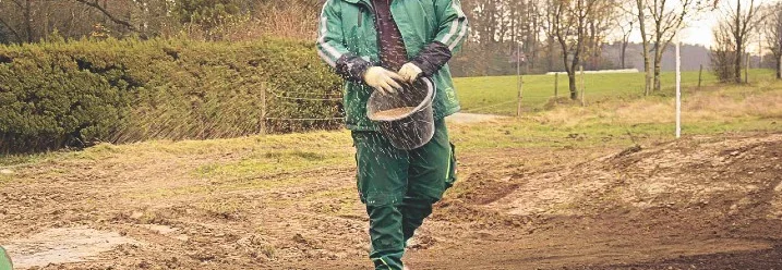 Person sät Rasen mit Eimer