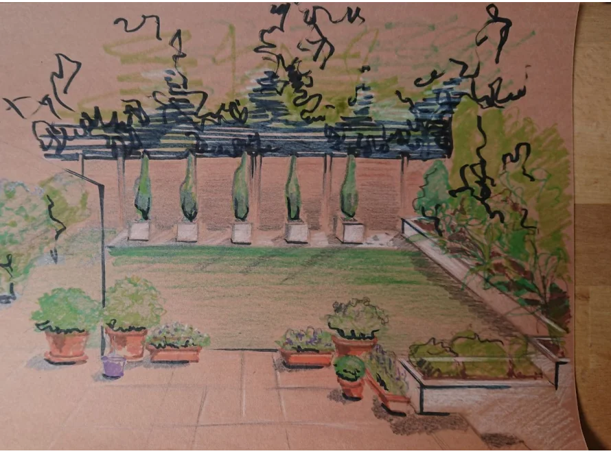 Handgezeichnete Gartenskizze mit Pergola