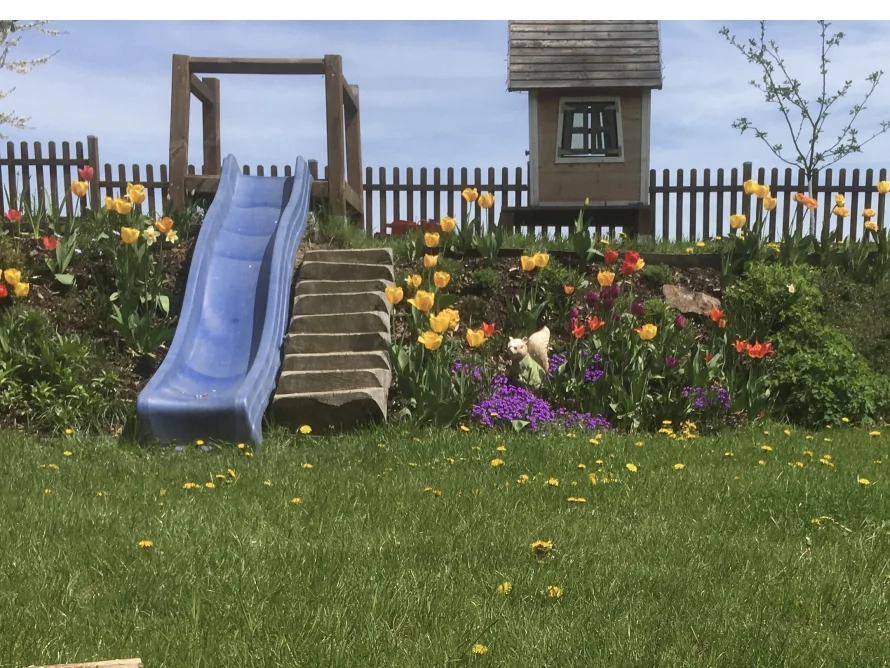 Rutsche und Spielhaus im Garten