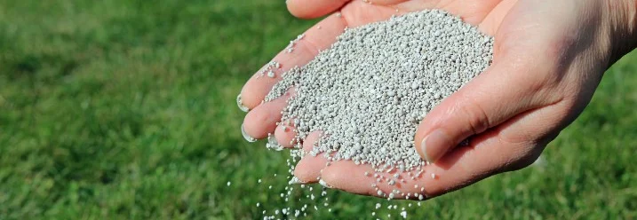 Hände streuen Dünger auf Rasen