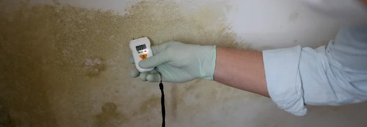 Person misst Schimmel an Wand