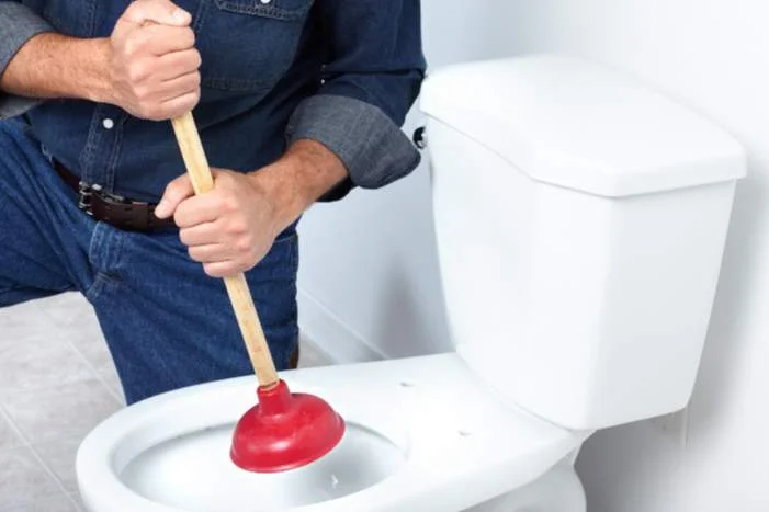 Person benutzt Pümpel in Toilette