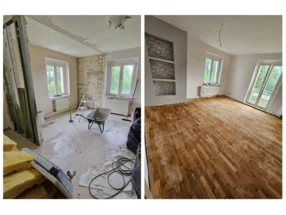 Vorher-Nachher-Bild einer Renovierung mit Parkettboden