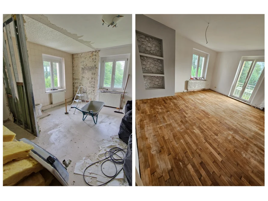 Vorher-Nachher-Bild einer Renovierung mit Parkettboden