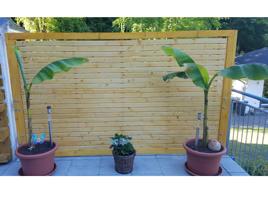 Holz-Sichtschutz auf Terrasse mit Pflanzen