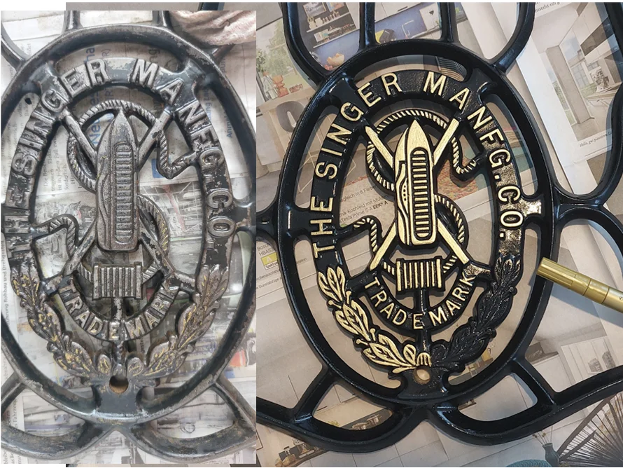 Vorher-Nachher-Bild einer restaurierten Nähmaschinen-Verzierung