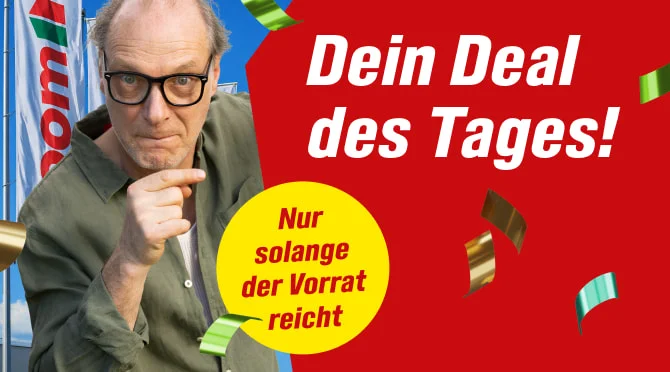 Mensch mit Brille macht auf ein Tagesangebot aufmerksam.