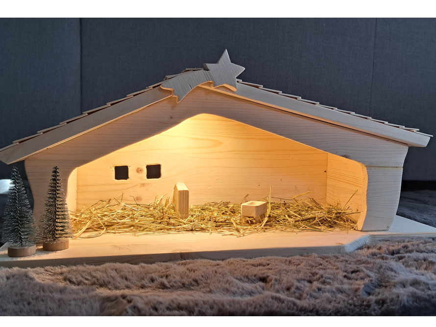 Weihnachtskrippe aus Holz mit Beleuchtung