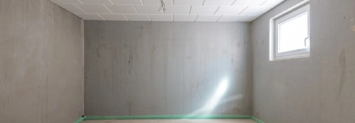 Leerer Kellerraum mit grau gestrichenen Wänden