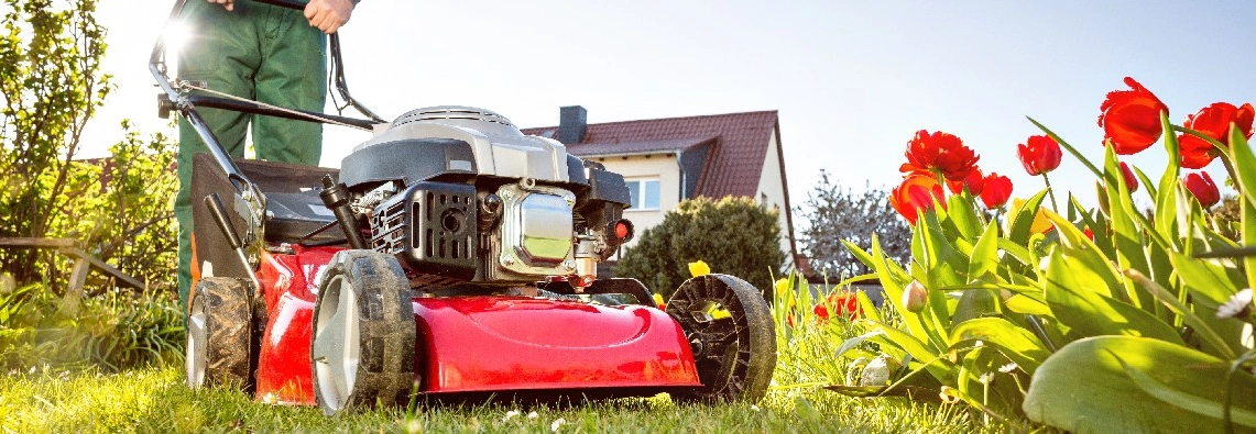 Eine Person mäht mit einem roten Rasenmäher den Rasen im sonnigen Garten.