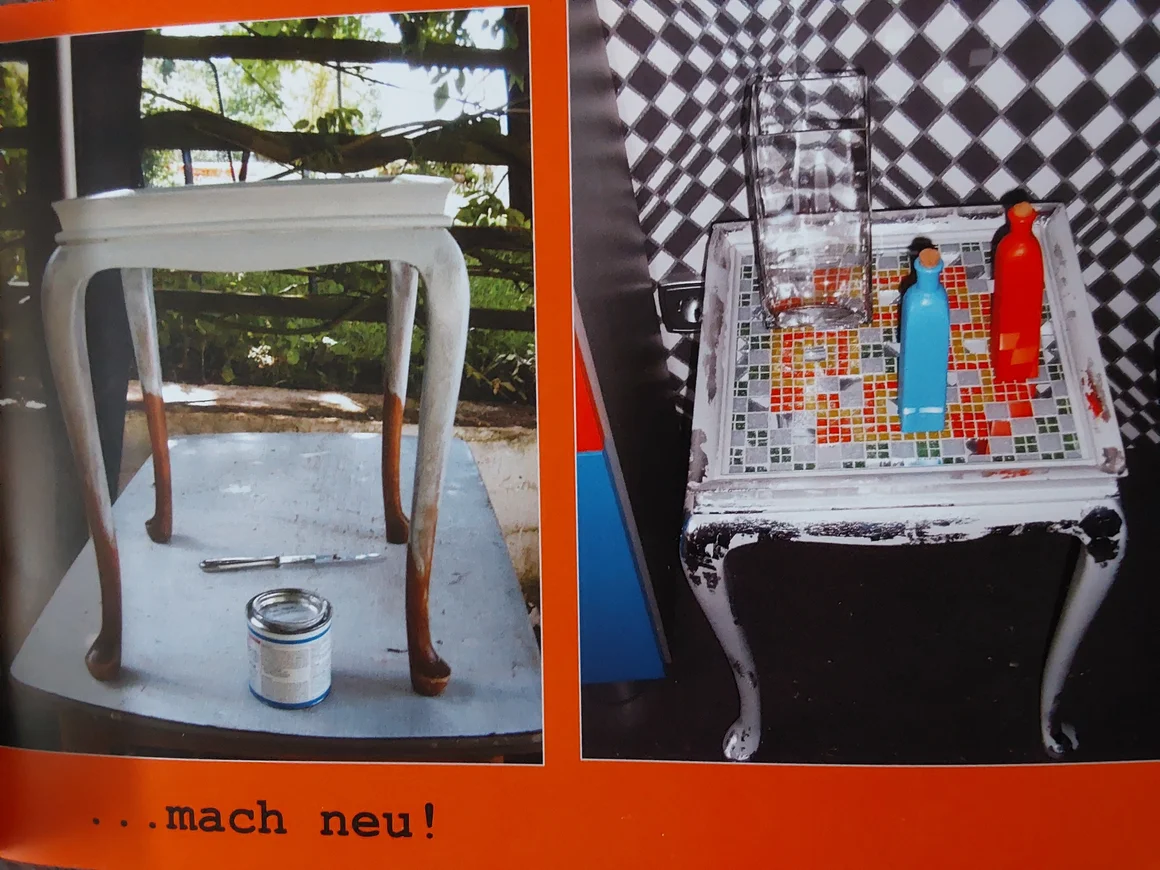 Vorher-Nachher-Bild eines Beistelltisches, der mit Mosaiksteinen neu gestaltet wird.