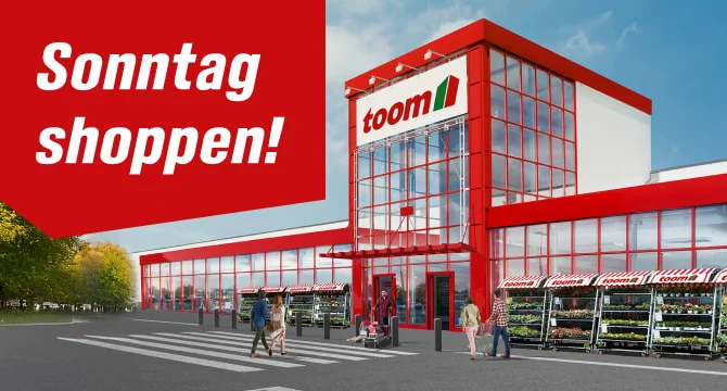 Außenansicht eines Baumarkts mit einkaufenden Menschen und dem Schriftzug 'Sonntag shoppen!'.