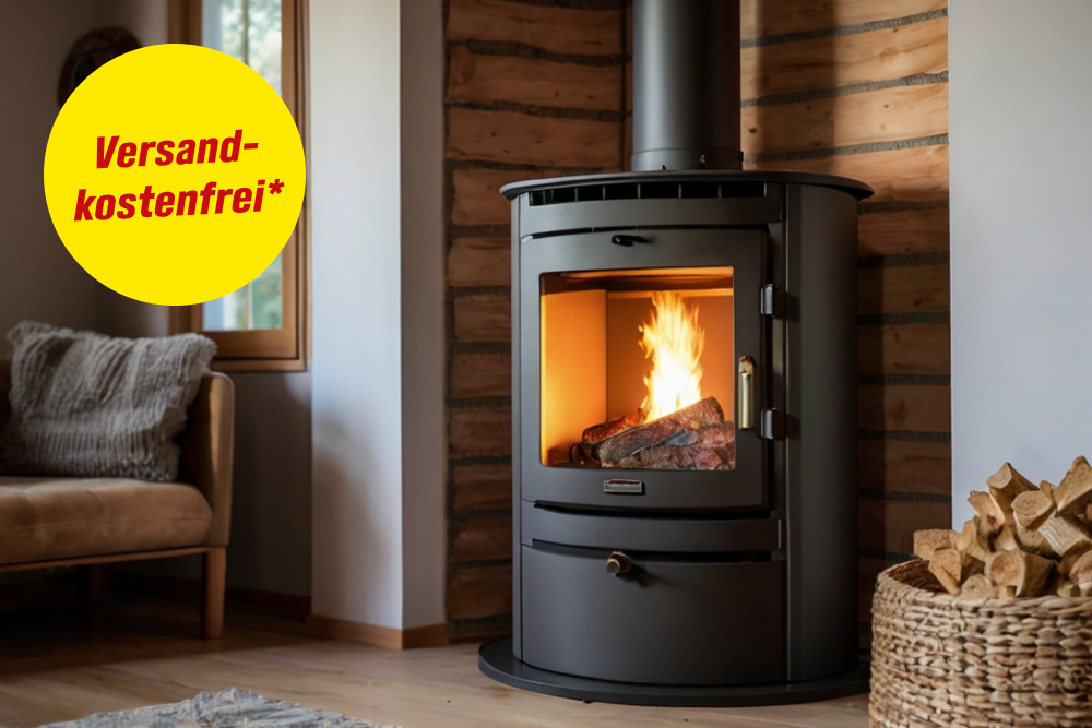 Kaminofen im Wohnzimmer. Hinweis Versandkostenfrei
